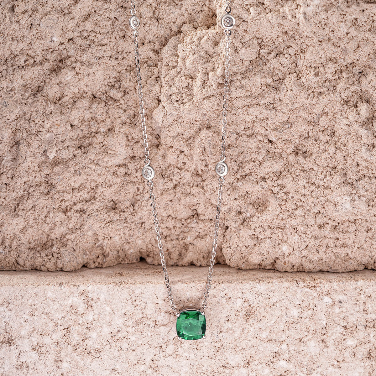 Astra 1.70ct Lab Emerald and Diamond Solitaire Cushion Cut Necklace in Silver